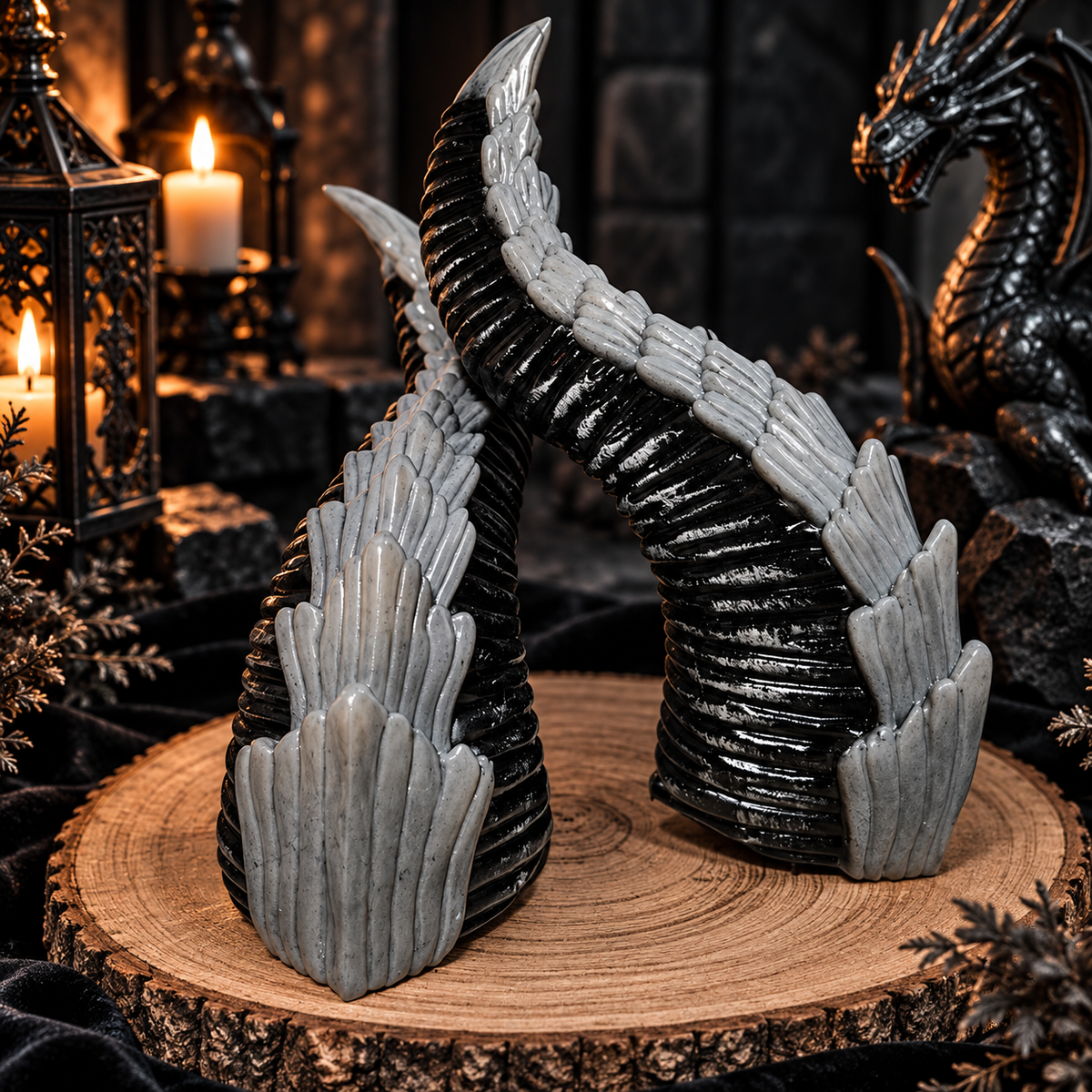 Scaldrin handbemalte schwarz-silberne Schuppen-Hörner aus Resin vor dunkler Fantasy-Kulisse
