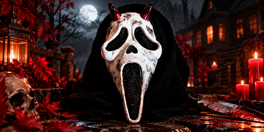 Scream-inspirierte Horror-Maske mit roten Hörnern vor düsterer nächtlicher Horror-Kulisse
