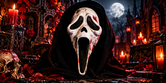 Handbemalte Scream-inspirierte Maske aus PLA vor düsterer gothic Horror-Kulisse mit Kerzen und Vollmond