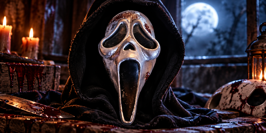 Handbemalte Scream-inspirierte Maske aus PLA vor dunkler Horror-Kulisse mit Kerzen und Vollmond