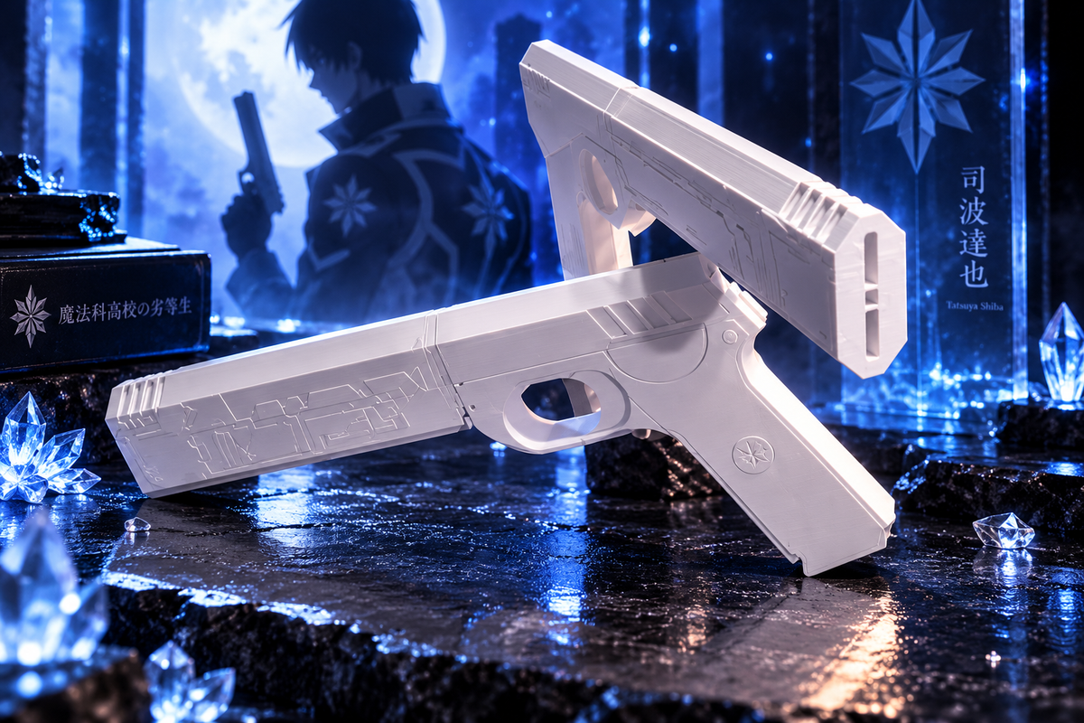 Silver Horn Trident Set Tatsuya Shiba Cosplay-Repliken aus weißem PLA vor blauer magischer Sci-Fi-Kulisse
