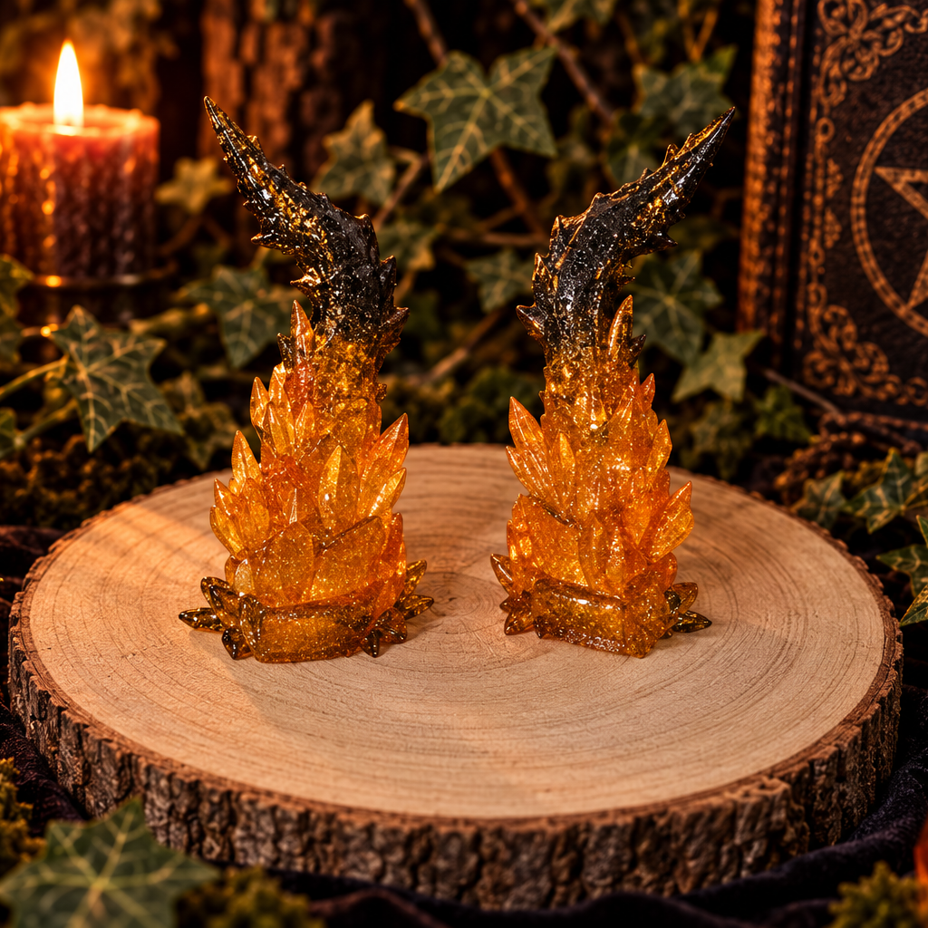 Solvar Goldglitzer Cosplay-Hörner aus Resin vor dunkler warmer Fantasy-Kulisse