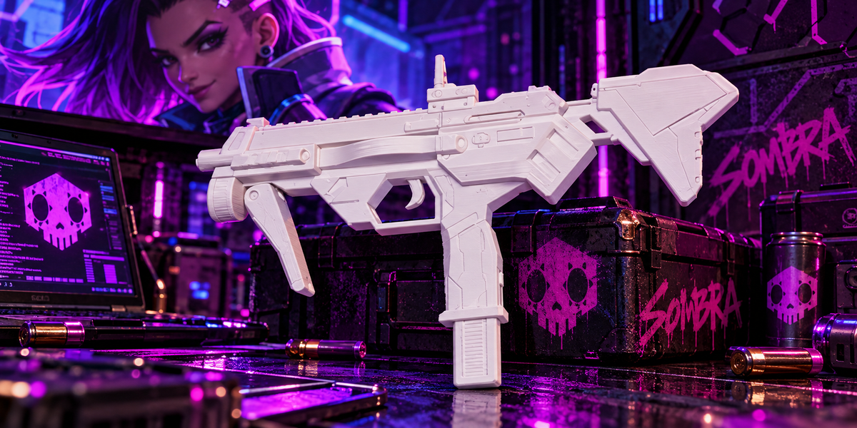Sombra Maschinenpistole Overwatch Cosplay-Replik aus weißem PLA vor violett-blauer Cyberpunk-Kulisse