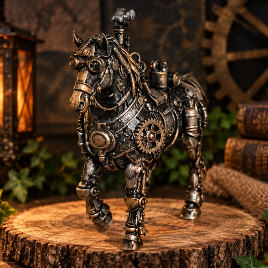 Steampunk Pferd Figur aus Resin in dunkler Metalloptik mit Zahnrädern und mechanischen Details