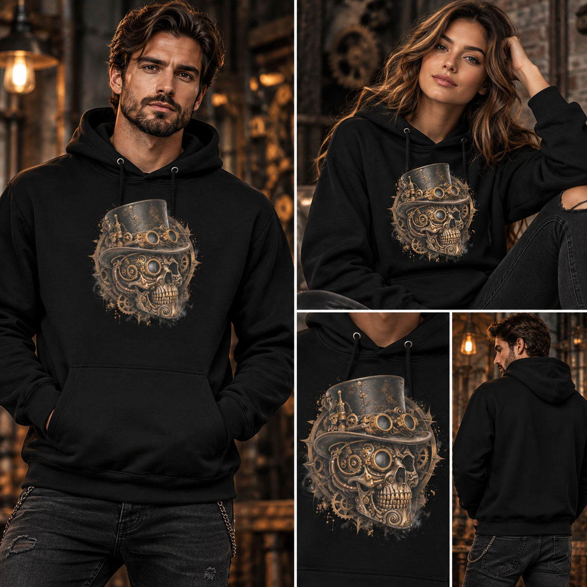 Steampunk-Schädel Hoodie Schwarz – Tragebild mit Mann und Frau