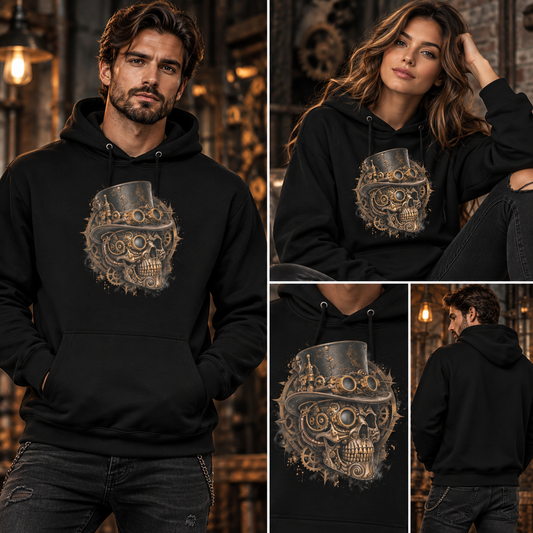 Steampunk-Schädel Hoodie Schwarz – Tragebild mit Mann und Frau