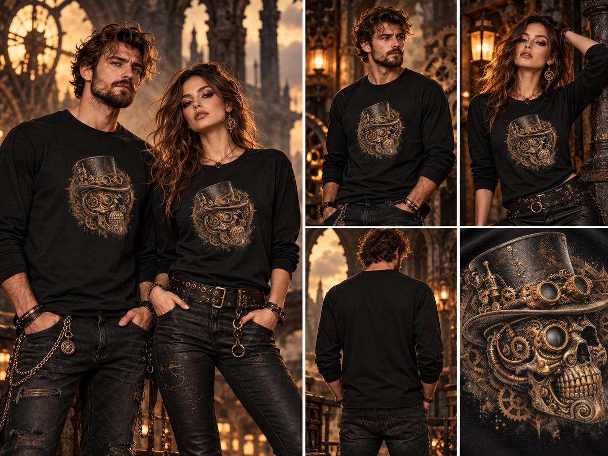 Steampunk-Schädel Longsleeve – Tragebild Mann und Frau