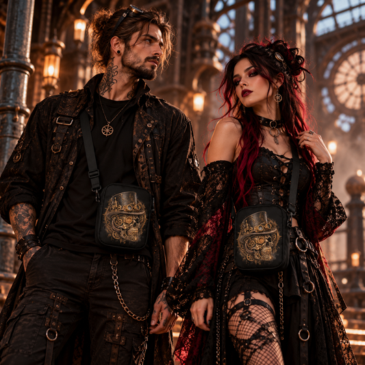 Mann und Frau mit kleinen schwarzen Steampunk-Schädel-Crossbody-Bags im Gothic-Steampunk-Stil