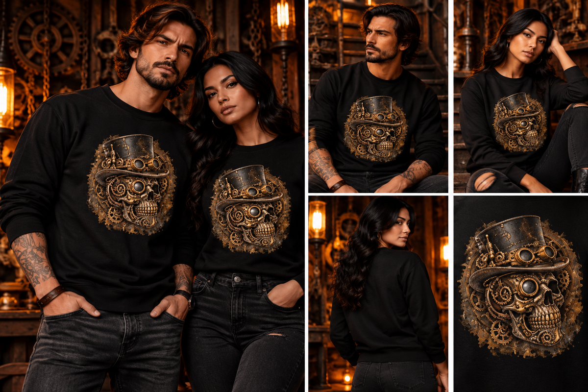 Steampunk-Schädel Sweatshirt Schwarz – Mann und Frau, Detail- und Rückansicht
