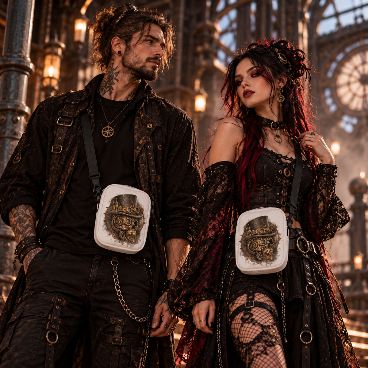 Mann und Frau tragen weiße Steampunk-Schädel-Crossbody-Bags mit Zahnradmotiv