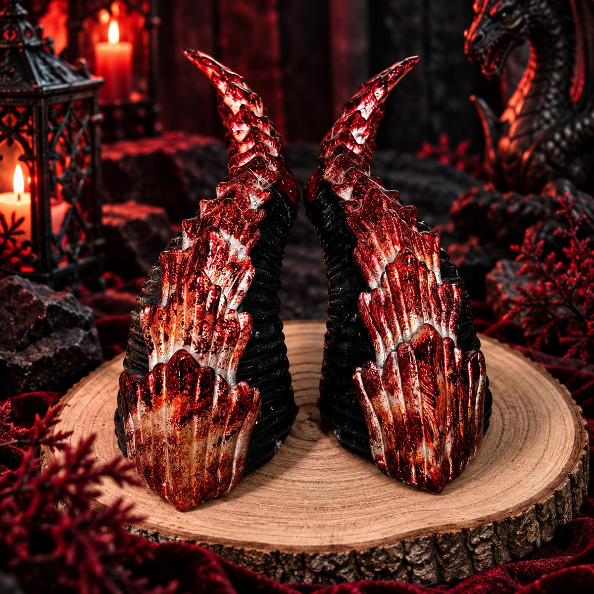 Sylrix handbemalte Fantasy Schuppen-Hörner aus Resin vor dunkler rot-schwarzer Drachen-Kulisse