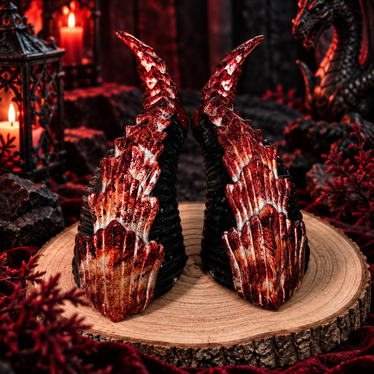 Sylrix handbemalte Fantasy Schuppen-Hörner aus Resin vor dunkler rot-schwarzer Drachen-Kulisse