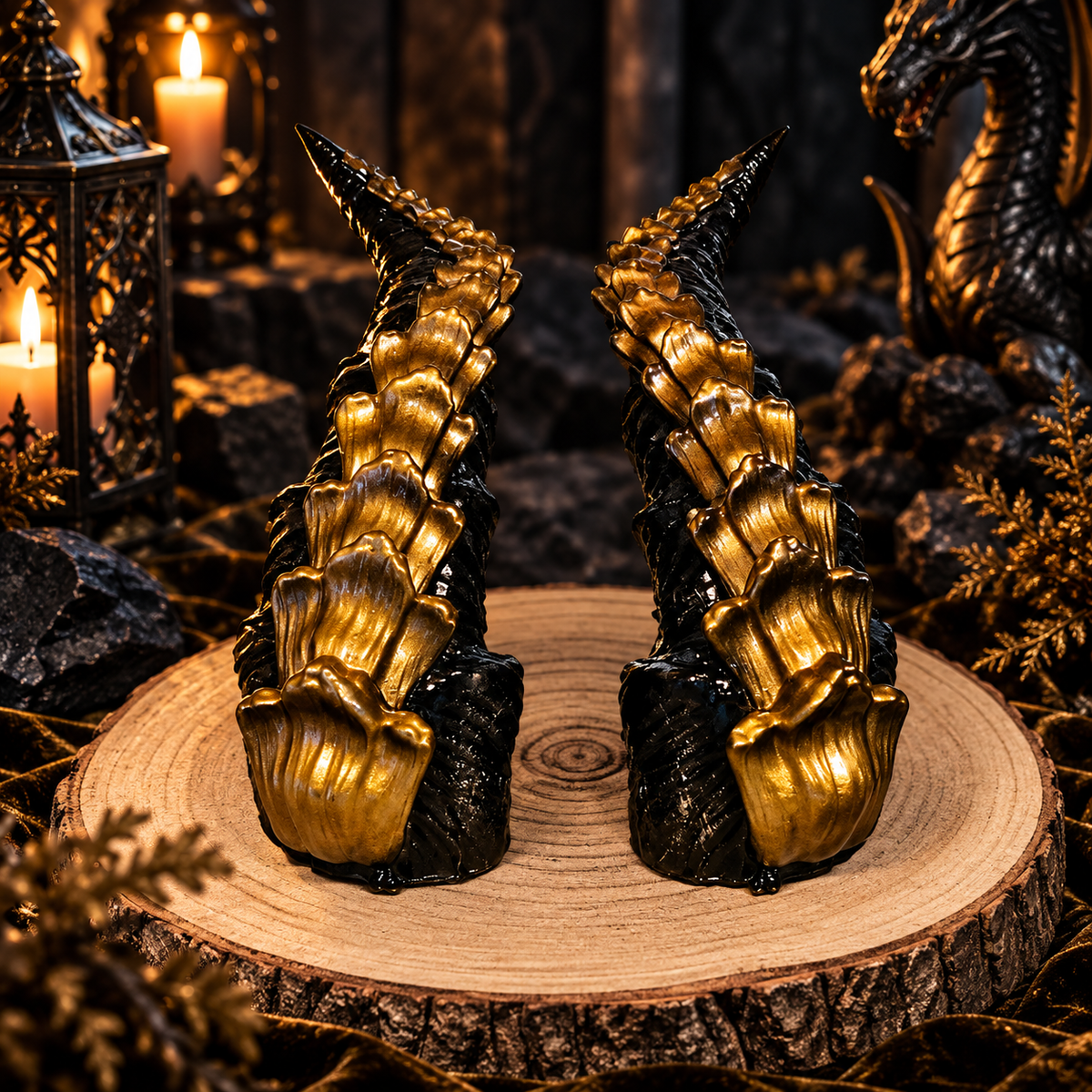 Thornak große gold-schwarze Fantasy Schuppen-Hörner aus Resin vor dunkler mittelalterlicher Drachen-Kulisse