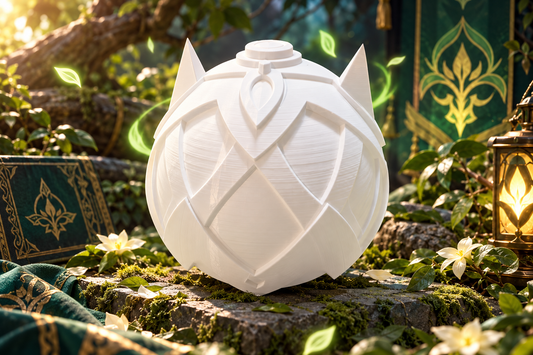 Tighnari Vijnana Stormheart Genshin Cosplay-Prop aus weißem PLA vor grüner magischer Waldkulisse