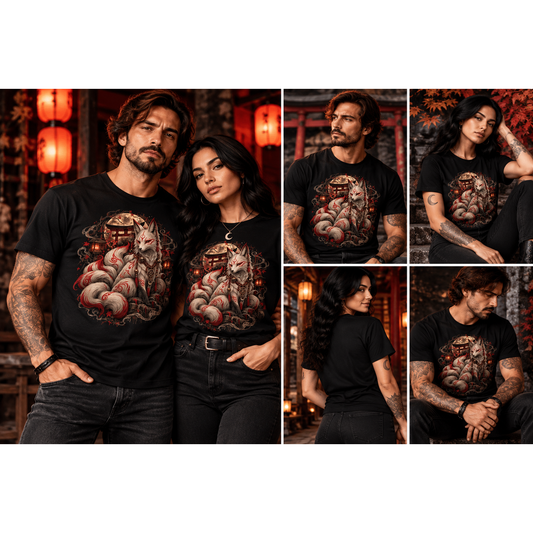 Kitsune-Fuchs T-Shirt – Schwarz | Dark Fantasy – Tragebild quadratisch 1254 × 1254