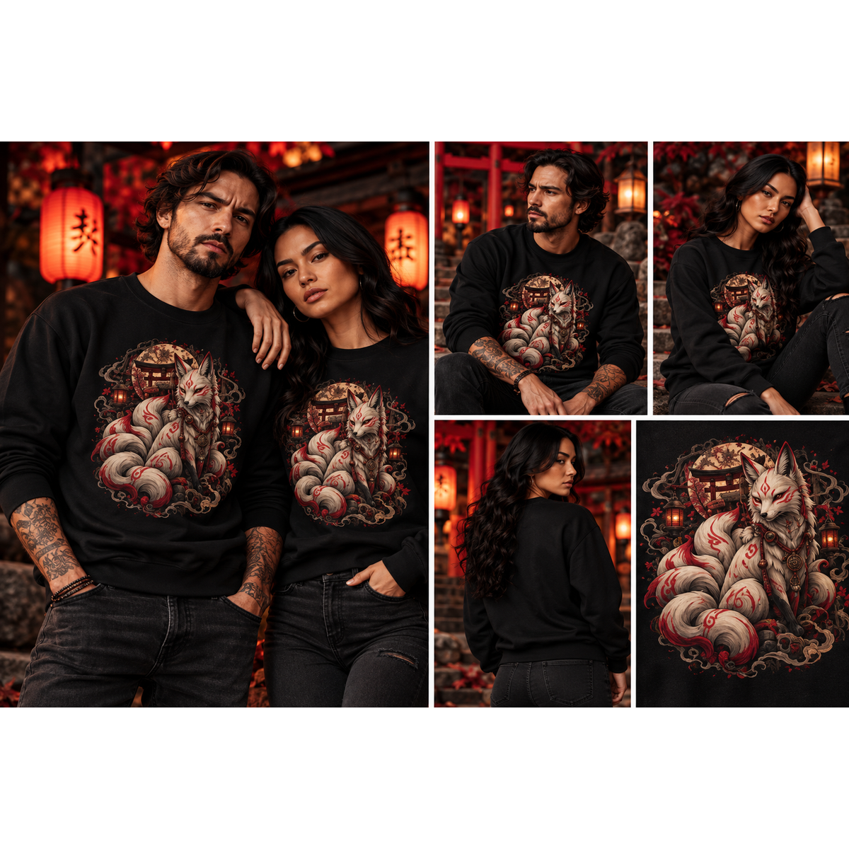 Kitsune-Fuchs Sweatshirt – Schwarz & Weiß | Dark Fantasy – Tragebild quadratisch 1254 × 1254
