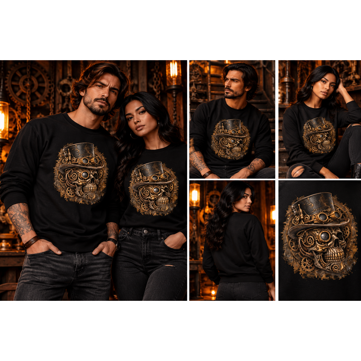 Steampunk-Schädel Sweatshirt – Schwarz & Weiß | Gothic – Tragebild quadratisch 1254 × 1254