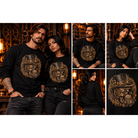 Steampunk-Schädel Sweatshirt – Schwarz & Weiß | Gothic – Tragebild quadratisch 1254 × 1254