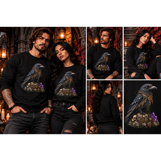 Rabenwächter Sweatshirt – Schwarz & Weiß | Dark Fantasy – Tragebild quadratisch 1254 × 1254