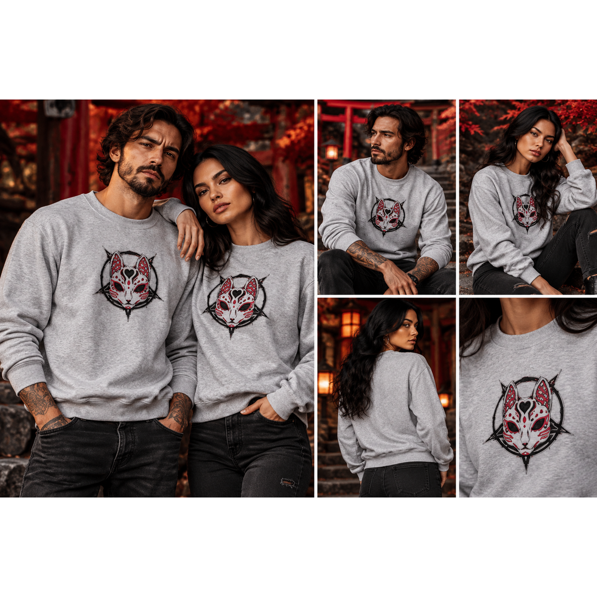 Kitsune-Maske Sweatshirt – Grau | Gothic – Tragebild quadratisch 1254 × 1254