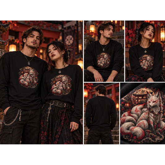 Kitsune-Fuchs Longsleeve – Schwarz & Weiß | Dark Fantasy – Tragebild quadratisch 1254 × 1254