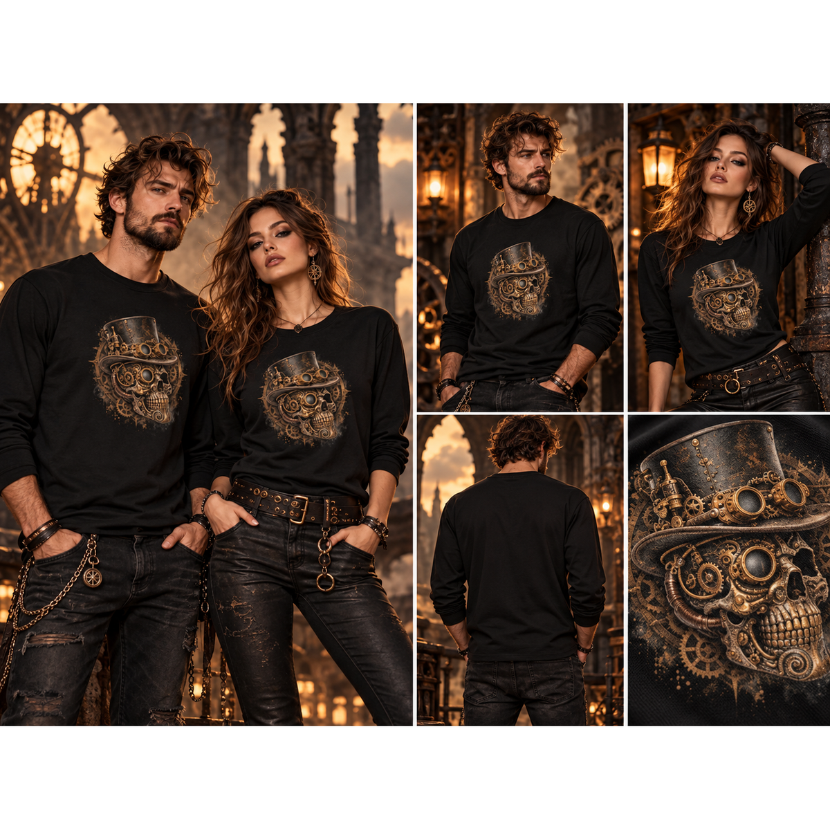 Steampunk-Schädel Longsleeve – Schwarz | Gothic – Tragebild quadratisch 1254 × 1254