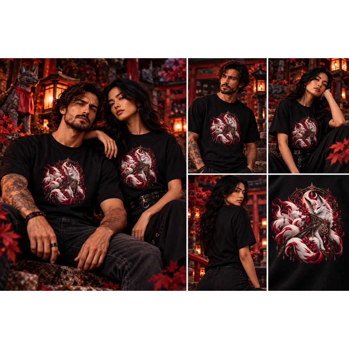 Kitsune im Mondschein – Dark-Fantasy-T-Shirt | Kitsu-Crafts – Tragebild quadratisch 1254 × 1254