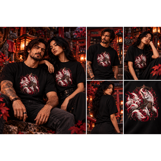 Kitsune im Mondschein – Dark-Fantasy-T-Shirt | Kitsu-Crafts – Tragebild quadratisch 1254 × 1254