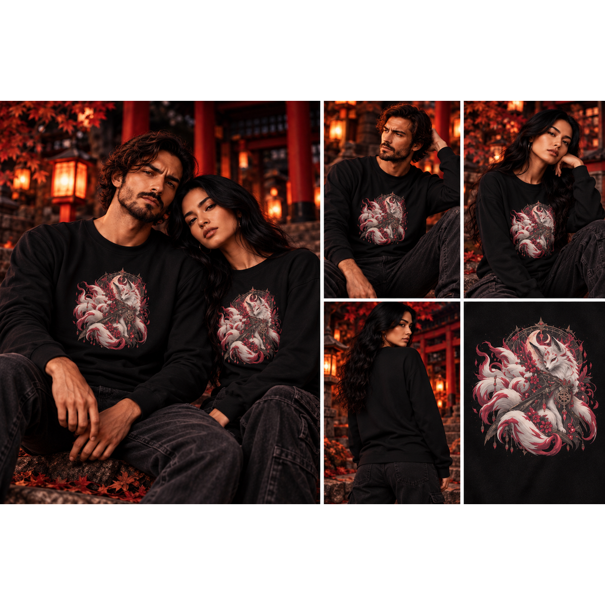 Kitsune im Mondschein – Dark-Fantasy-Longsleeve | Kitsu-Crafts – Tragebild quadratisch 1254 × 1254