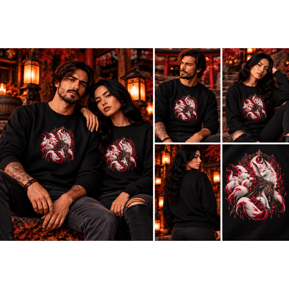Kitsune im Mondschein Sweatshirt – Schwarz & Weiß | Gothic – Tragebild quadratisch 1254 × 1254