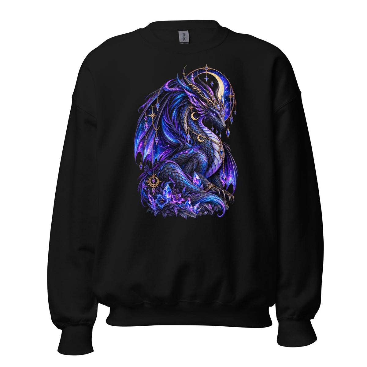 Kristall Drache Sweatshirt in Schwarz – Vorderansicht, Dark-Fantasy-Drachenmotiv