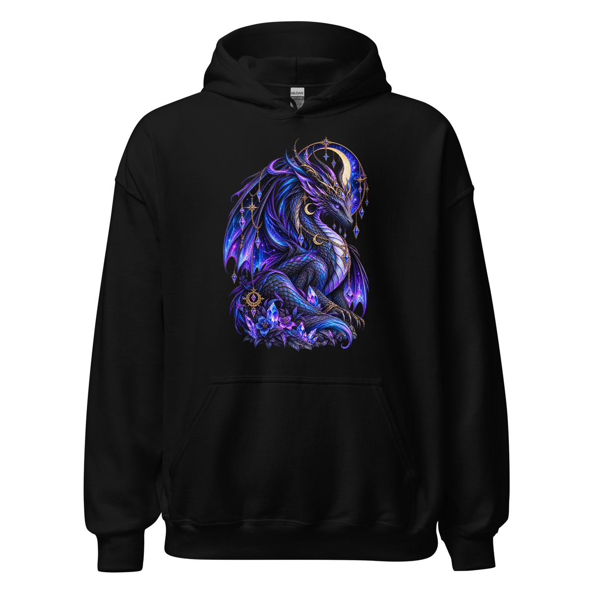 Kristall Drache Hoodie in Schwarz – Vorderansicht, Dark-Fantasy-Drachenmotiv