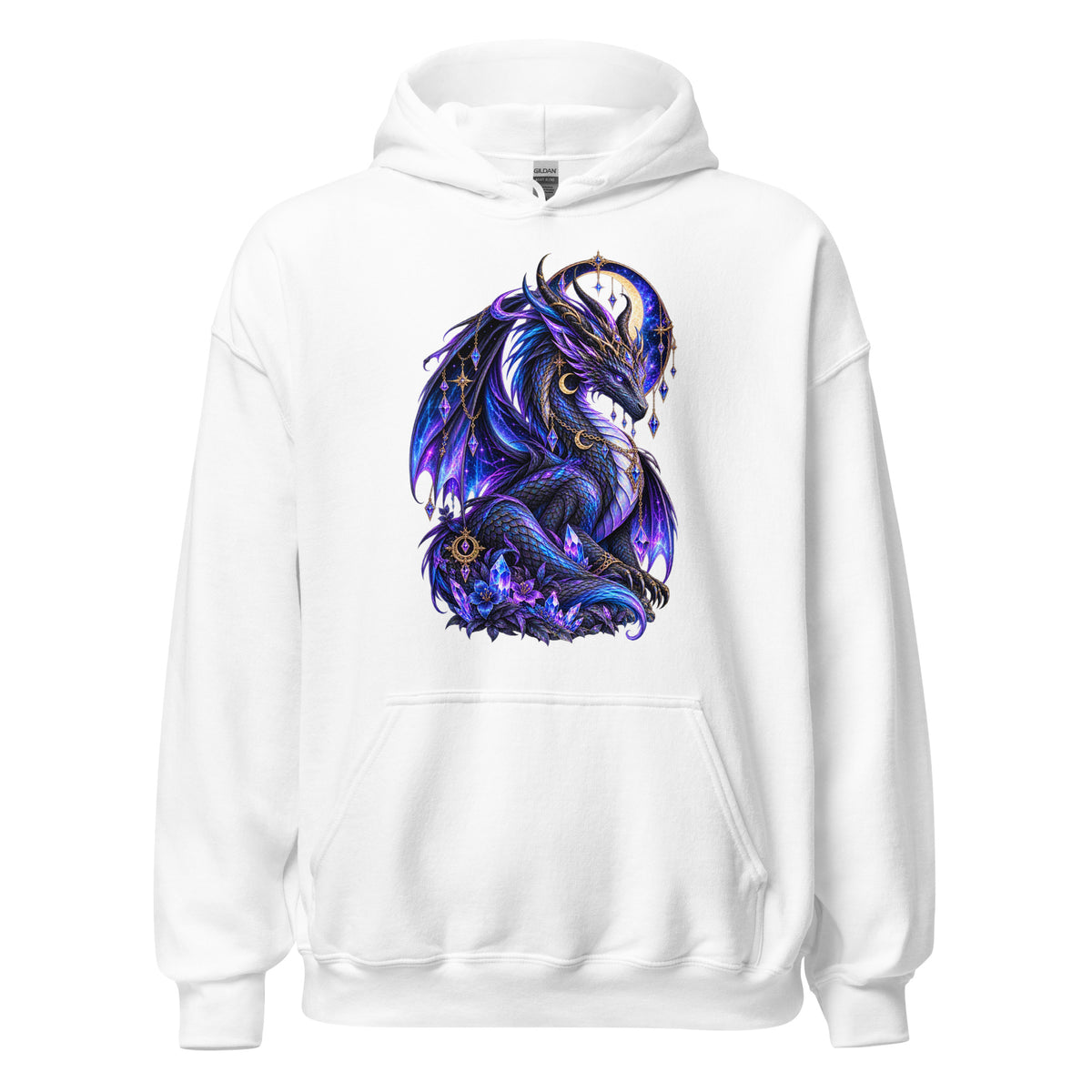 Kristall Drache Hoodie in Weiß – Vorderansicht, Dark-Fantasy-Drachenmotiv