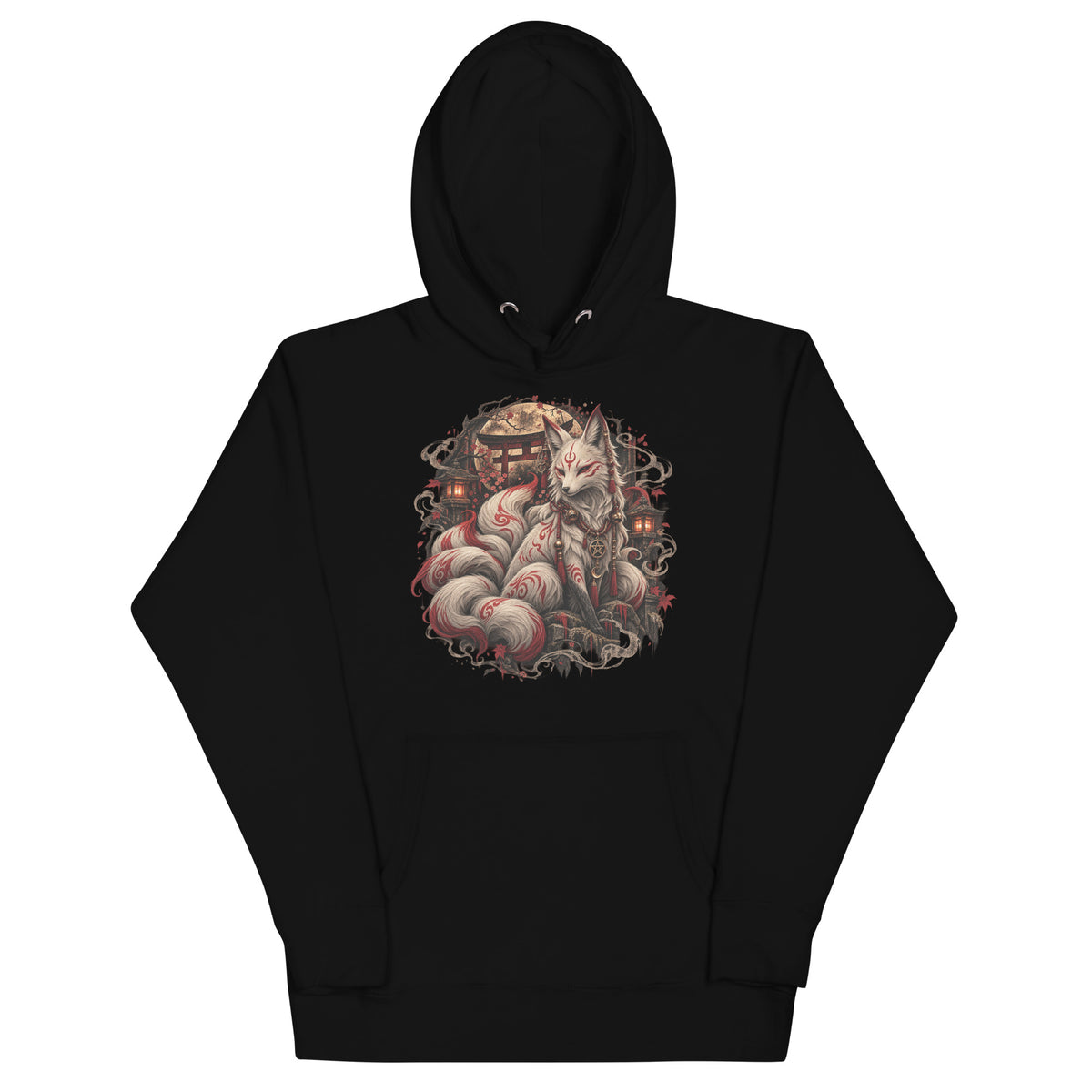 Kitsune-Fuchs Hoodie – Schwarz & Weiß – Vorderansicht