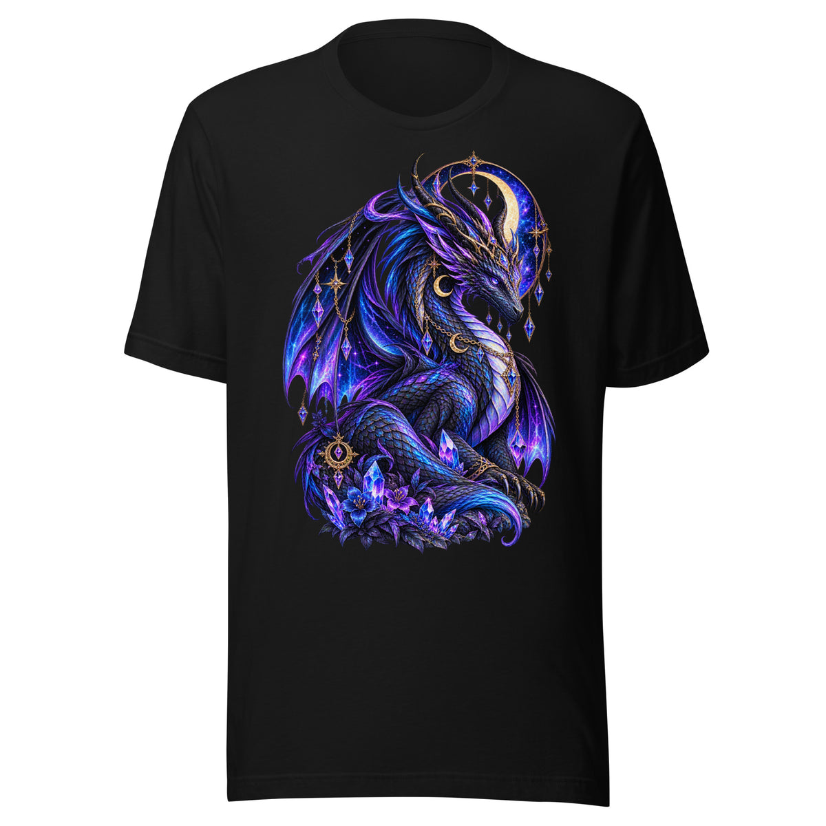 Kristall Drache T-Shirt in Schwarz – Vorderansicht, Dark-Fantasy-Drachenmotiv
