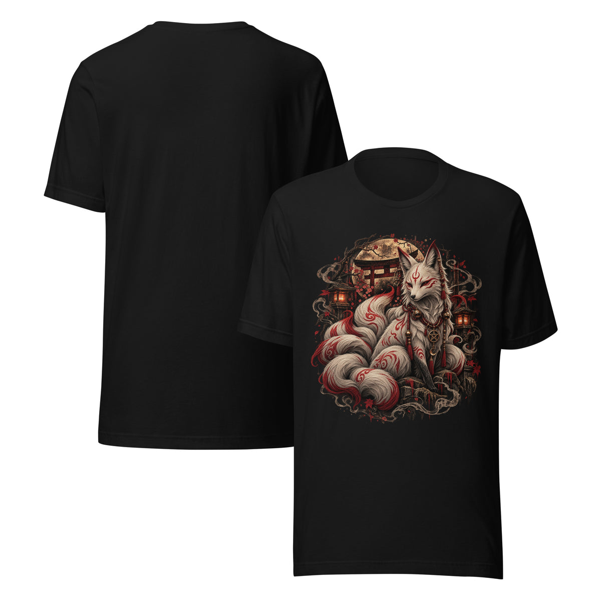 Schwarzes Kitsune-Fuchs Unisex-T-Shirt mit weiß-rotem Fuchsmotiv, Torii und Laternen – Vorder- und Rückansicht