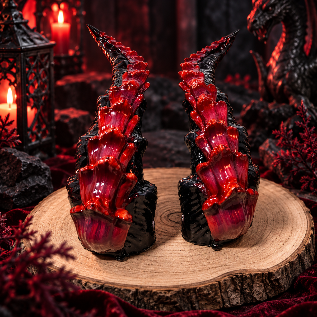 Vaelthorn große handbemalte Schuppen-Hörner aus Resin vor dunkler rot-schwarzer Fantasy-Kulisse