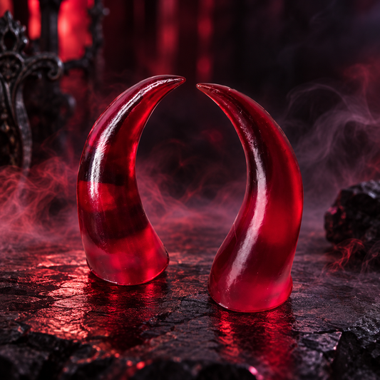 Veyron Resin Cosplay-Hörner aus rotem Kunstharz vor dunkler Fantasy-Kulisse