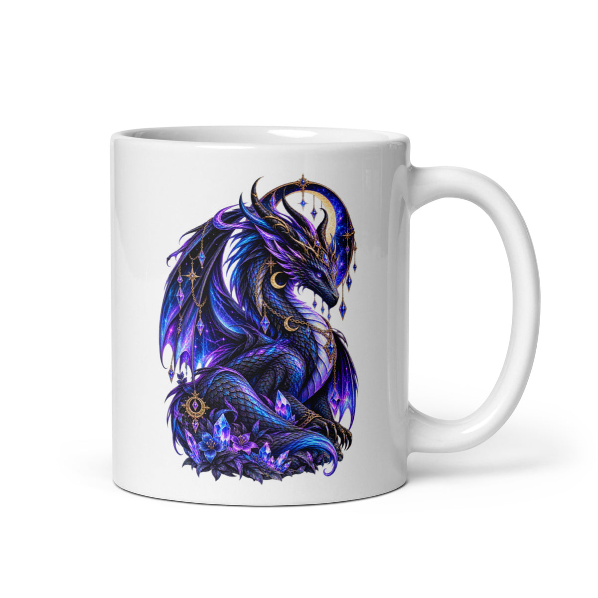 Kristall Drache – weiße glänzende Keramiktasse, 11 oz, Motiv rechts vom Henkel