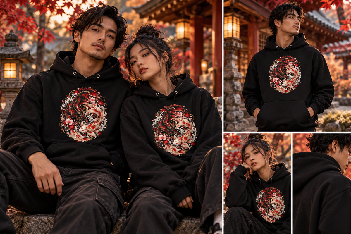Mann und Frau mit Yin & Yang – Tanz der Kois Hoodies im japanischen Herbstgarten