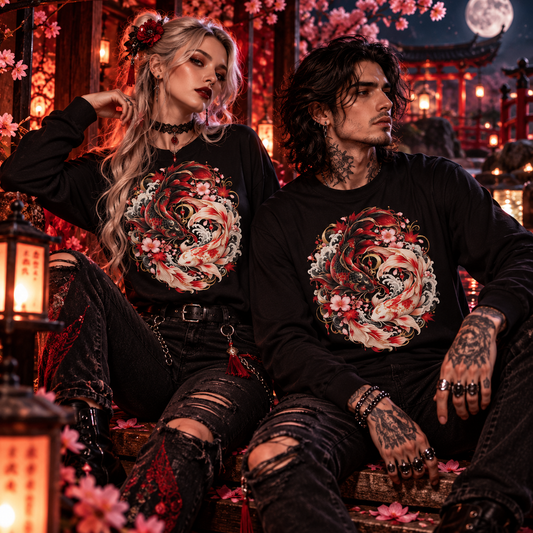 Frau und Mann tragen Yin & Yang – Tanz der Kois Long Sleeves im japanischen Garten