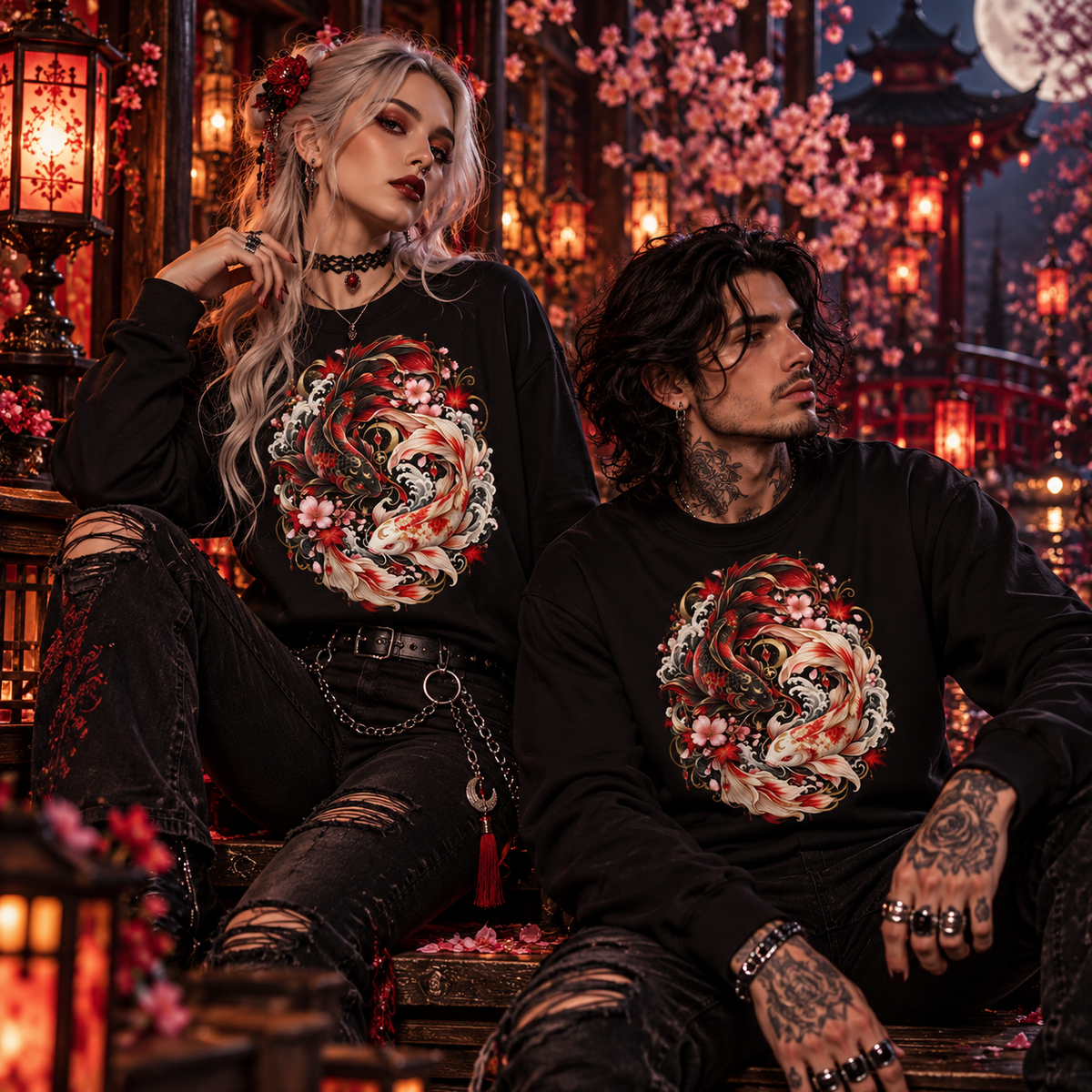 Frau und Mann mit Yin & Yang – Tanz der Kois Sweatshirts im japanischen Kirschblütengarten