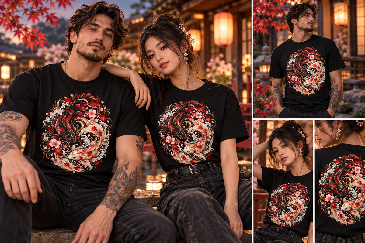 Mann und Frau tragen Yin & Yang – Tanz der Kois T-Shirts im japanischen Lampiongarten