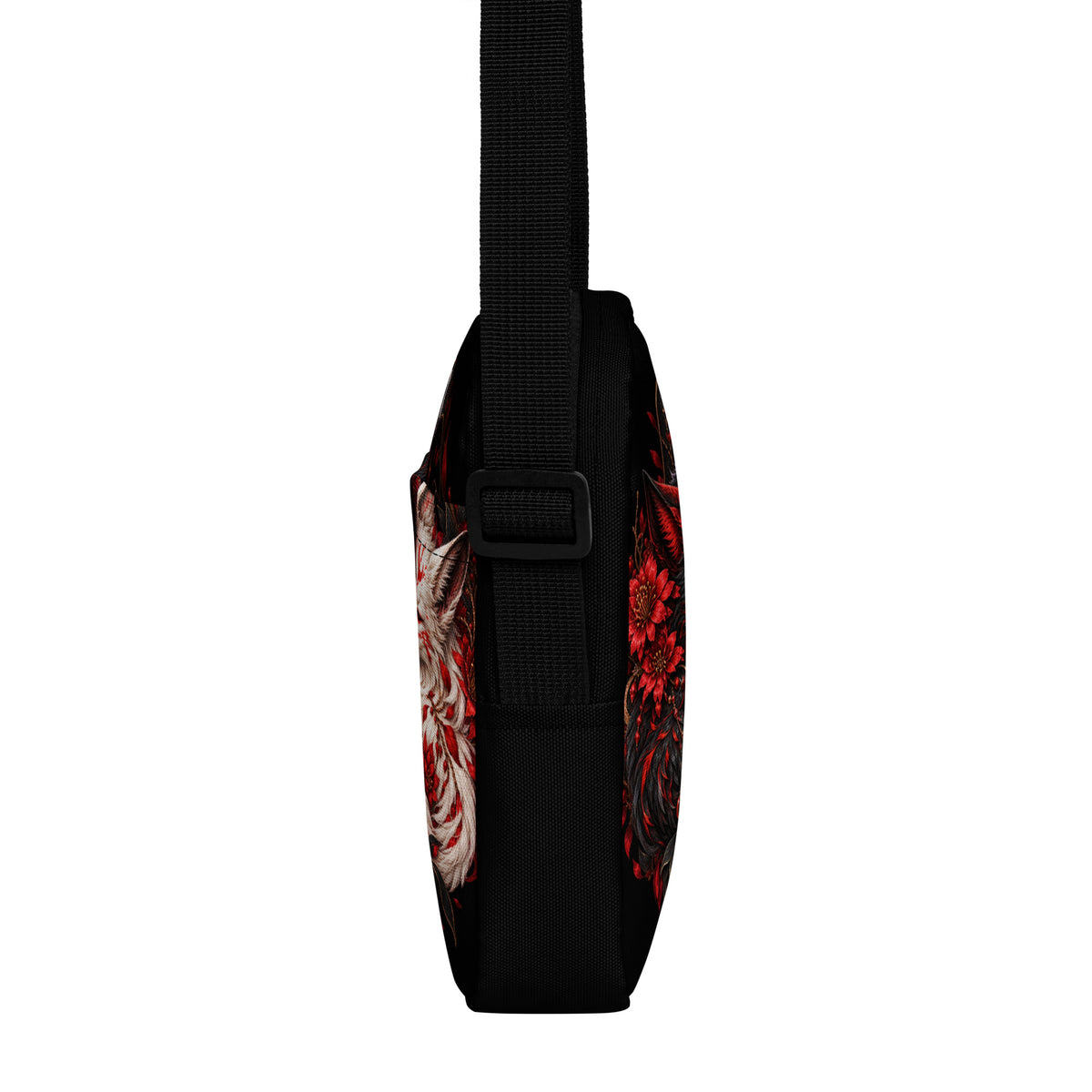 Schwarze Yin & Yang – Verbundene Fuchsseelen Crossbody Bag – linke Seitenansicht