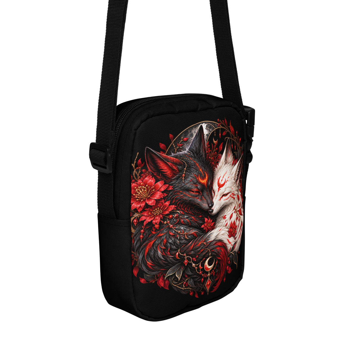 Schwarze Yin & Yang – Verbundene Fuchsseelen Crossbody Bag – Rückansicht