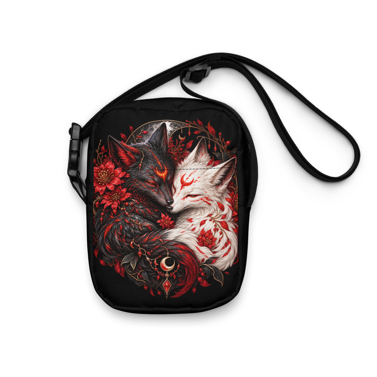 Schwarze Yin & Yang – Verbundene Fuchsseelen Crossbody Bag – Vorderansicht 2