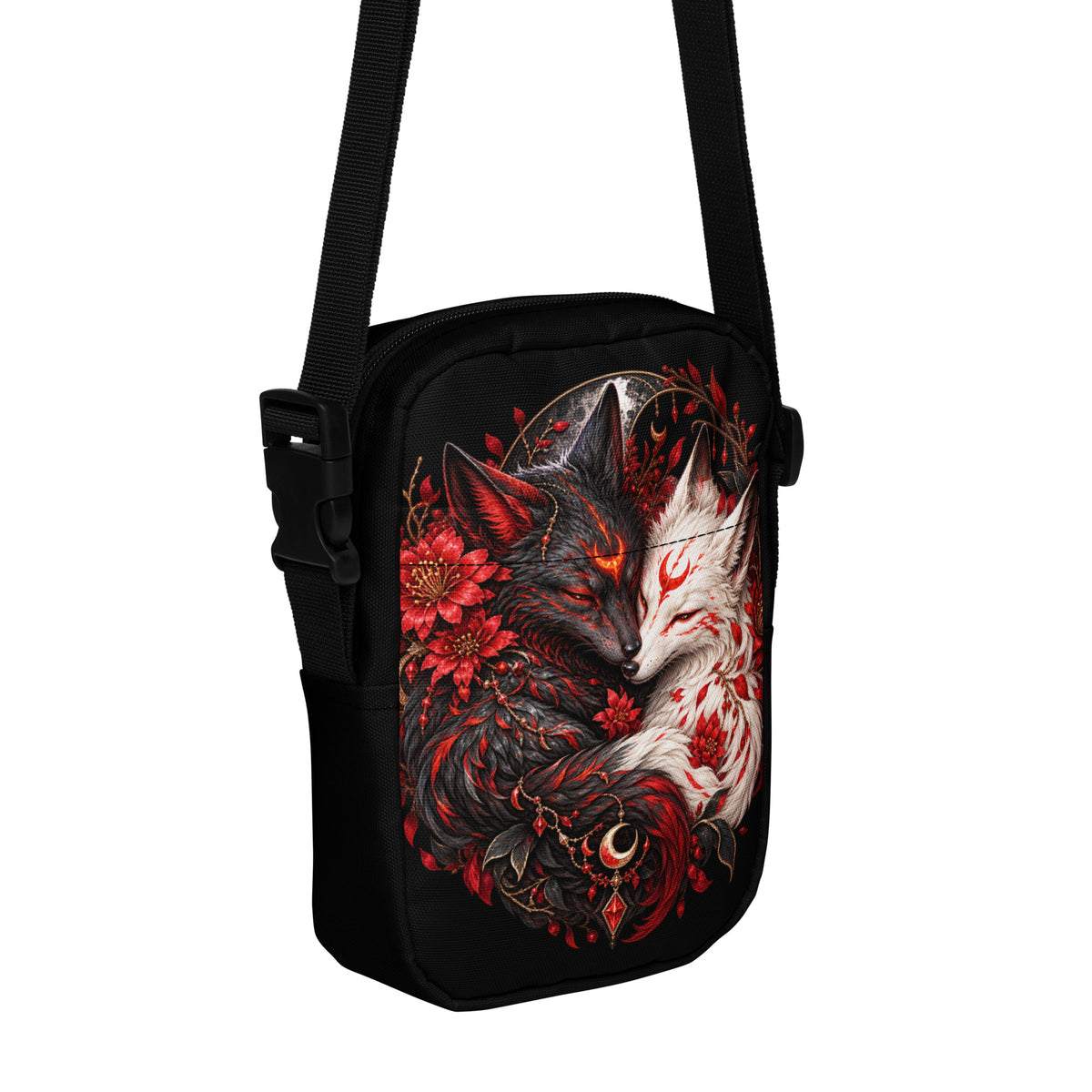 Schwarze Yin & Yang – Verbundene Fuchsseelen Crossbody Bag – Vorderansicht