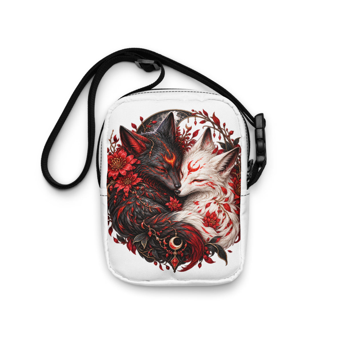 Weiße Yin & Yang – Verbundene Fuchsseelen Crossbody Bag – Rückansicht