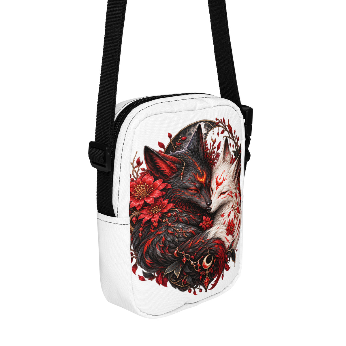Weiße Yin & Yang – Verbundene Fuchsseelen Crossbody Bag – Vorderansicht 2