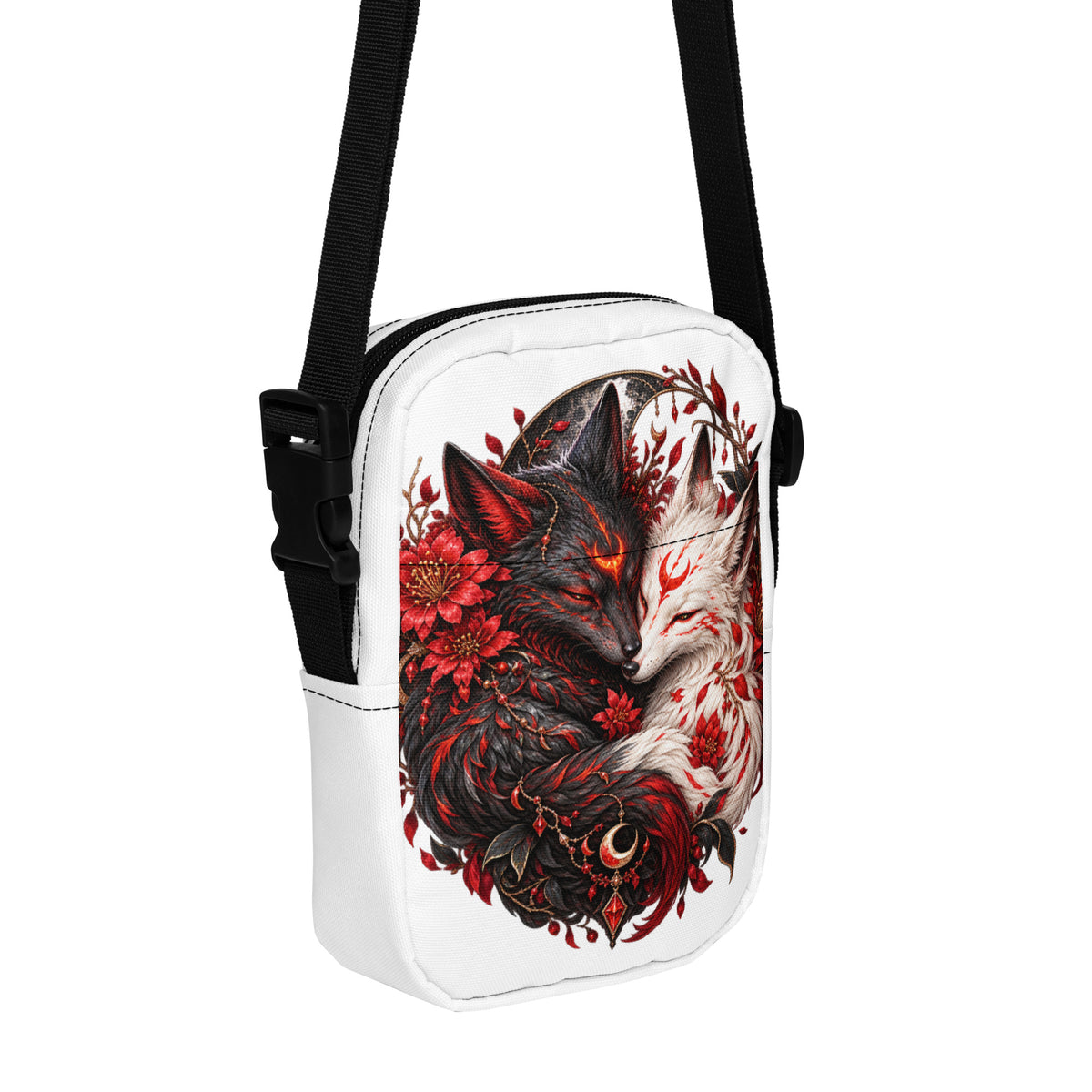 Weiße Yin & Yang – Verbundene Fuchsseelen Crossbody Bag – Vorderansicht